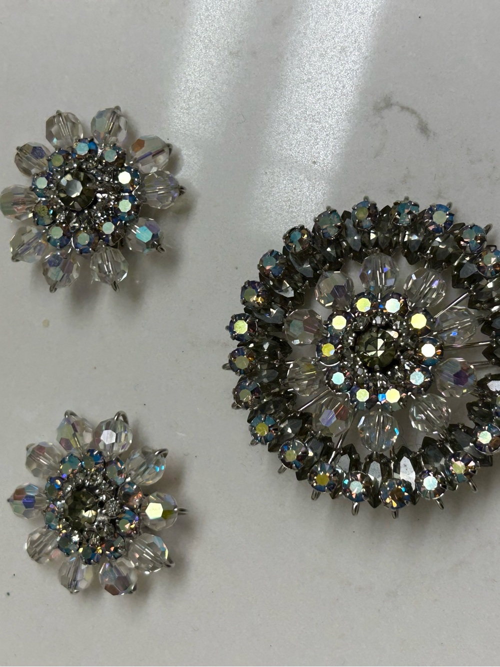 Crystal Aurora Borealis Floral Brooch and Earrings Set - Clear